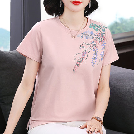 圆领宽松短袖上衣女纯棉妈妈装夏装2026年新款中年洋气百搭T恤女