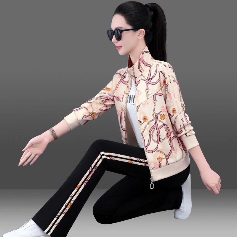 耐克顿印花休闲运动套装女2025春秋新款韩版开衫洋气跑步服三件套