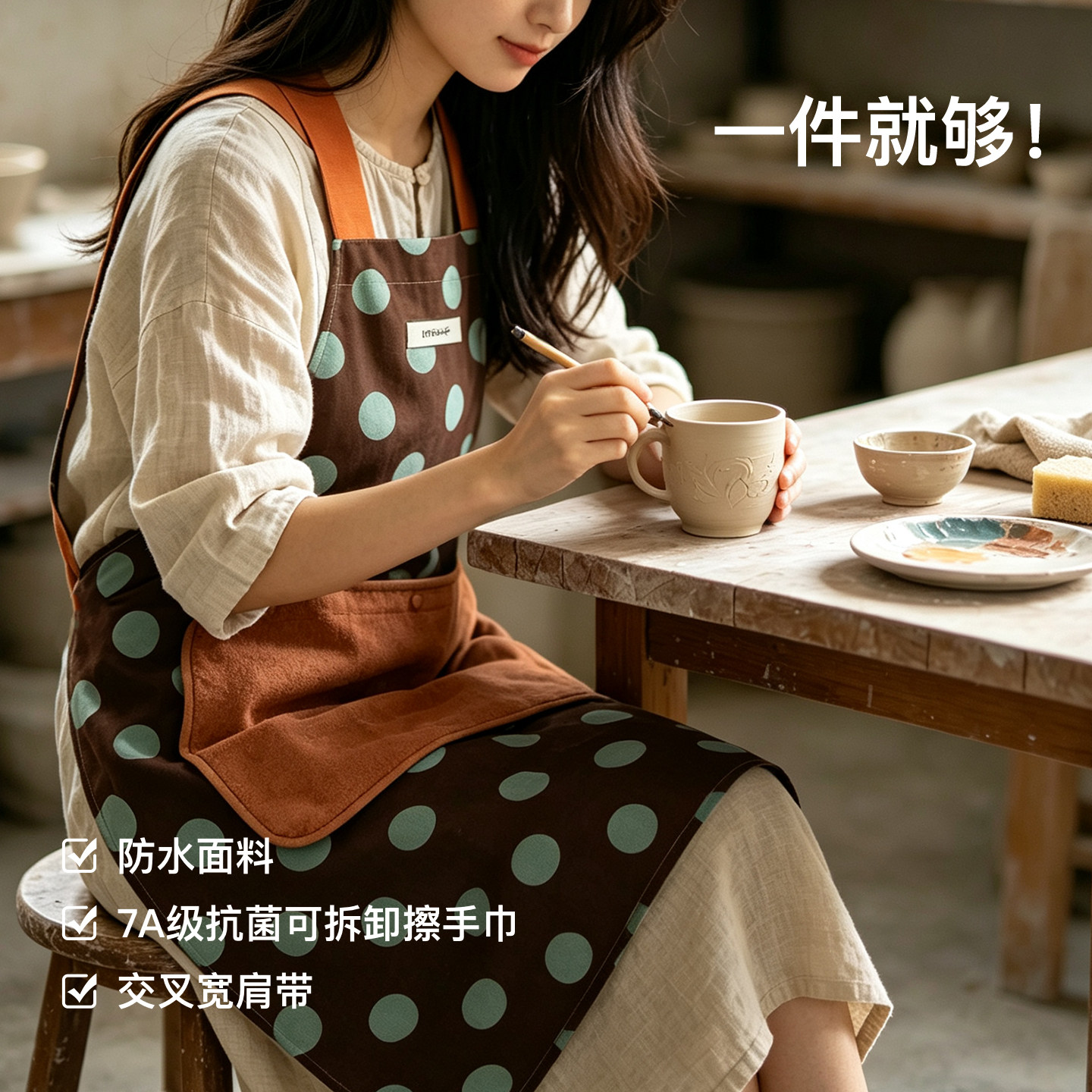 暖藻复古波点印花厨房围裙女7A抗菌可拆卸擦手巾交叉肩带防水围裙