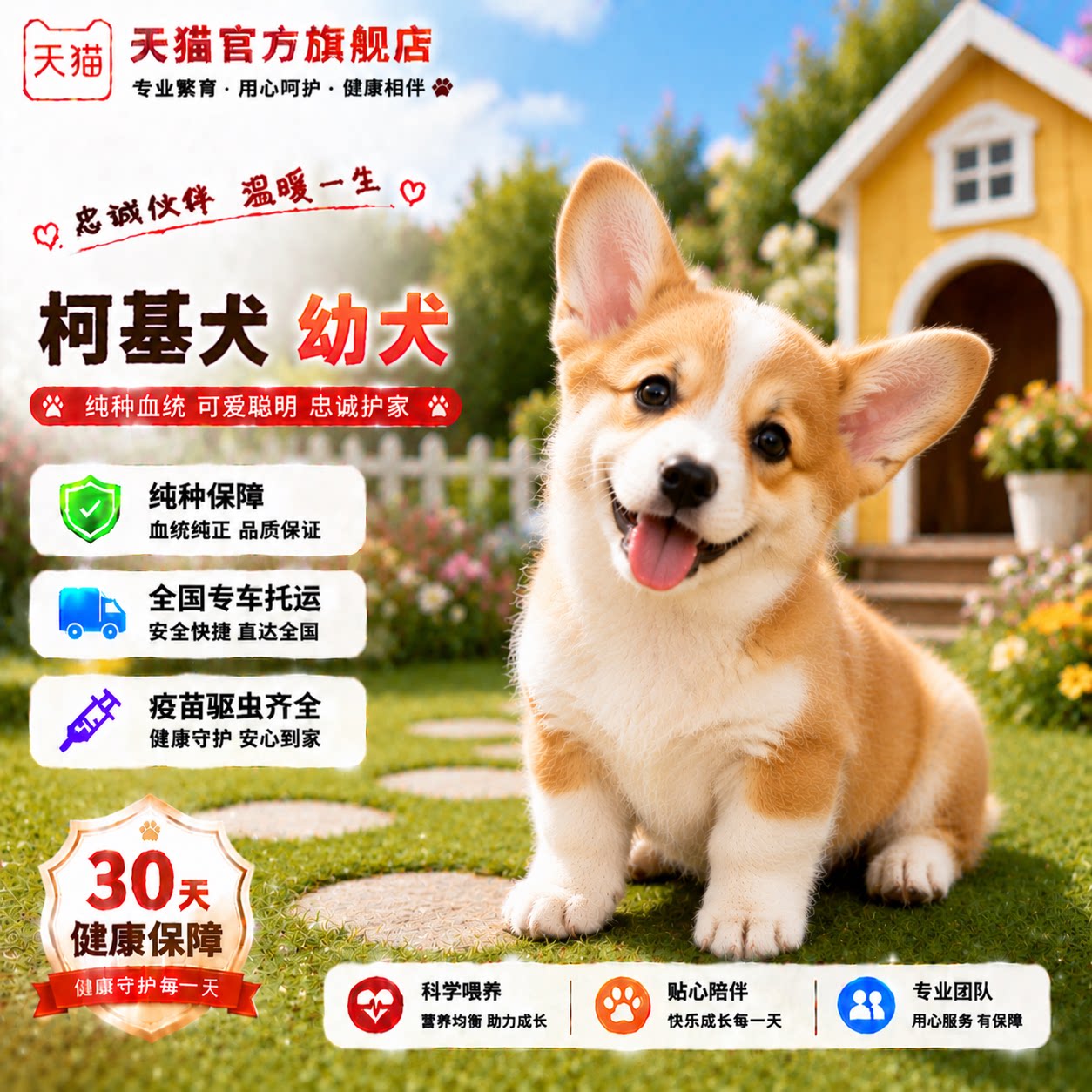 帅气黄白花双色家养威尔士狗陪伴
