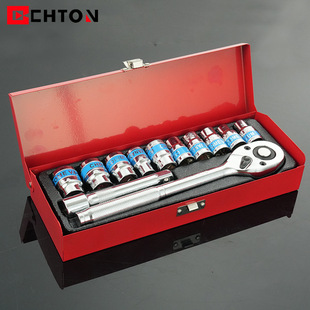 德国技术12件套铬钒钢汽修快速光柄棘轮扳手两用扳手接杆套筒铁盒