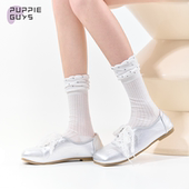 purpleguys波点泡泡口中筒白色袜子少女夏季 薄款 芭蕾风jk堆堆棉袜