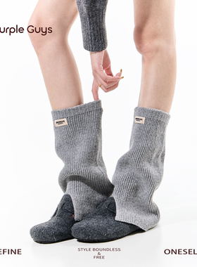 purpleguys灰色羊毛堆堆袜套女冬季加厚保暖格雷系开叉针织小腿套