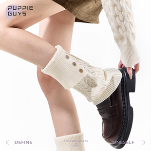 purpleguys白色袜套女秋冬日系芭蕾风复古麻花纽扣针织堆堆小腿套