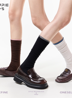 purpleguys卷边黑色小腿袜子女秋冬复古芭蕾运动风撞色堆堆长筒袜