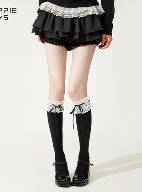 purpleguys花边袜子女春夏薄款jk日系Lolita蕾丝蝴蝶结黑色小腿袜