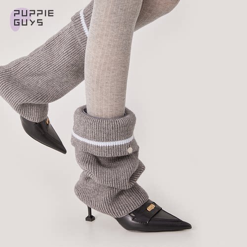 金属扣针织条纹堆堆小腿袜套