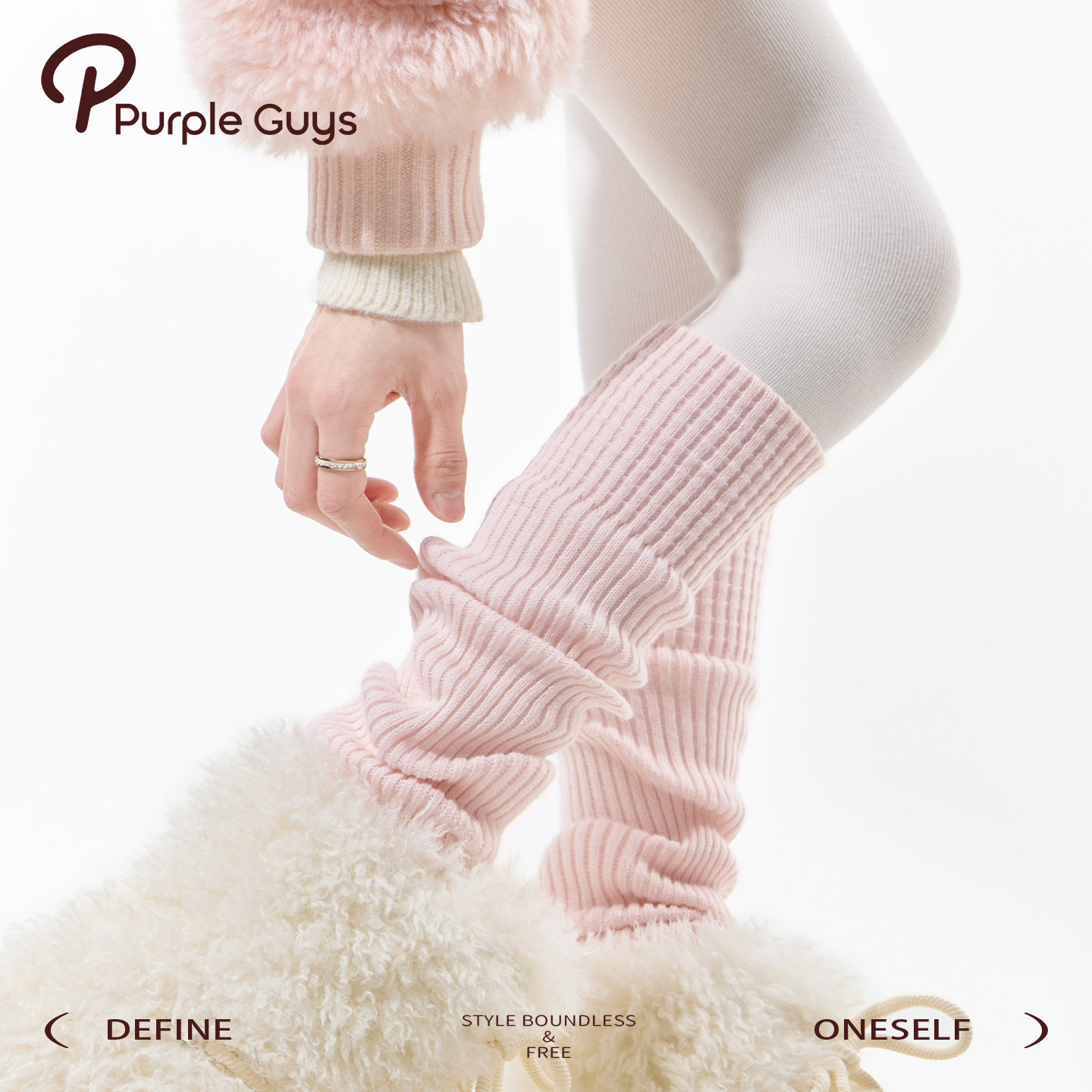 purpleguys粉色过膝踩脚腿套女冬加厚保暖针织芭蕾风小腿堆堆袜套