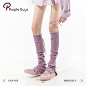 purpleguys针织堆堆袜套2025新款 冬女芭蕾风花边绑带过膝小腿套