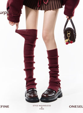 purpleguys红色过膝袜套堆堆袜女2025新款冬学院风纽扣针织小腿套