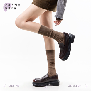 purpleguys咖色中筒袜子女纯棉竖条纹显瘦日系点子纱堆堆小腿袜