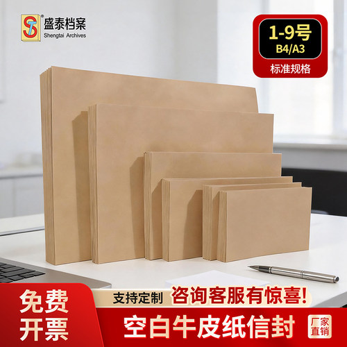 盛泰档案空白牛皮纸信封标准规格支持定制牛皮信封带胶加厚B4/A3信封