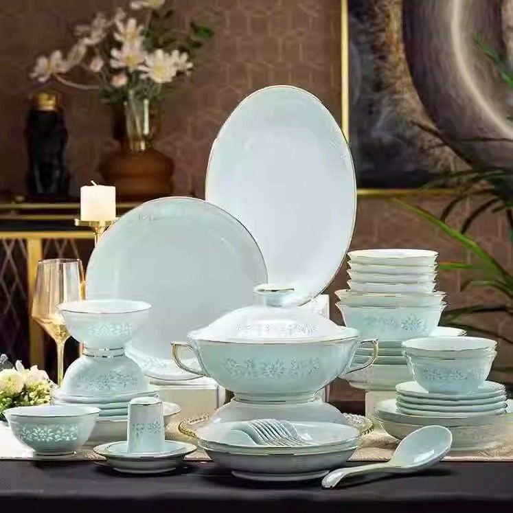 景德镇高岭土加厚高温高白瓷青釉玲珑中式高端碗盘碟汤碗餐具套装