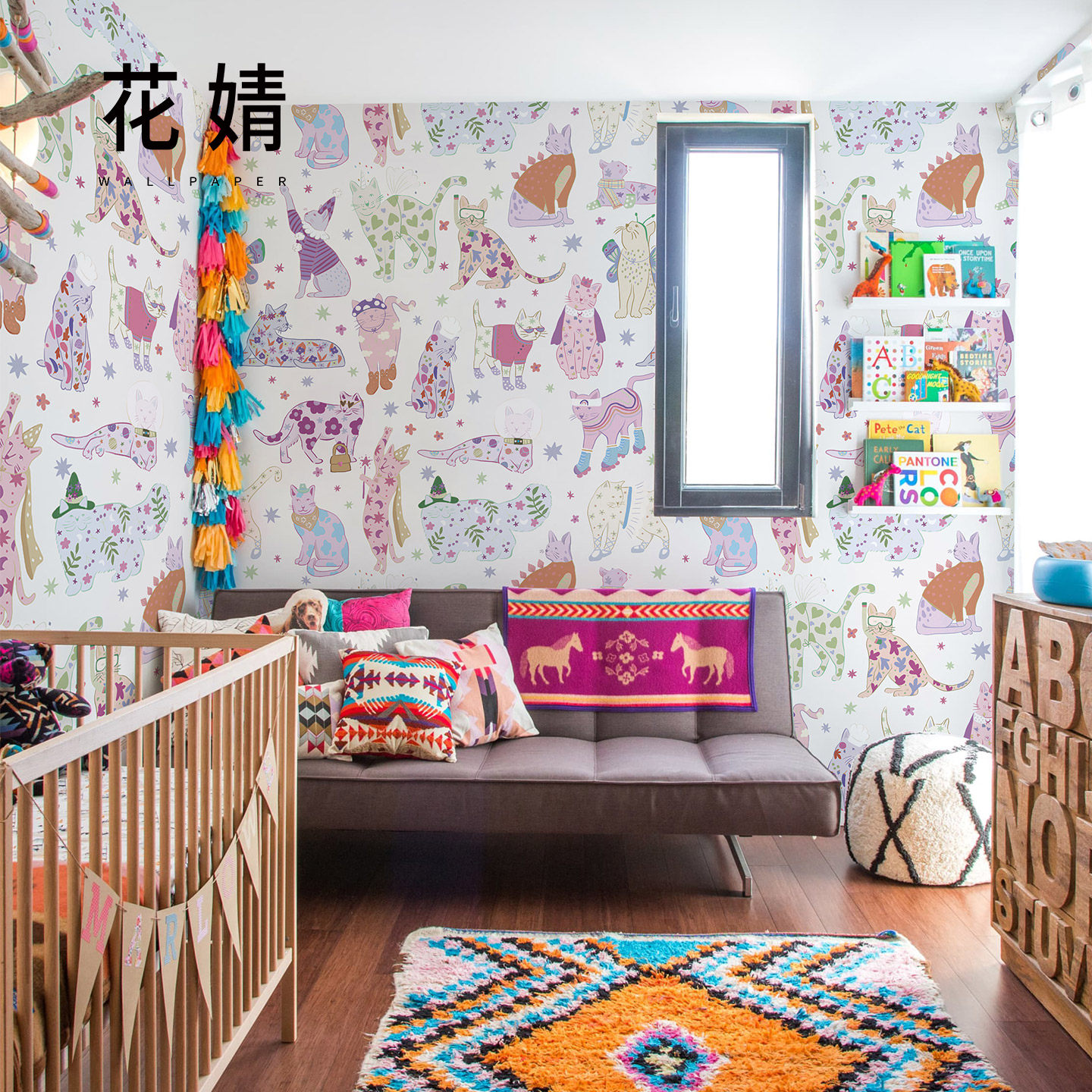 墙布定制花样猫咪儿童房壁纸北欧动物女孩卧室床头背景墙壁画墙纸