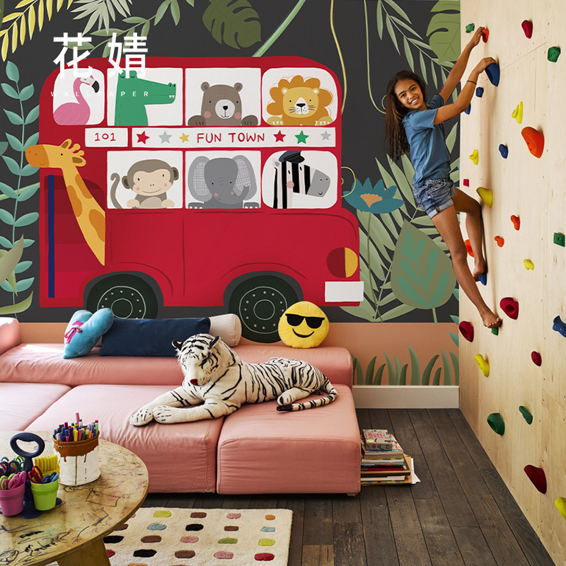 墙布定制卡通动物巴士儿童房壁纸北欧风卧室背景墙壁画无纺布墙纸