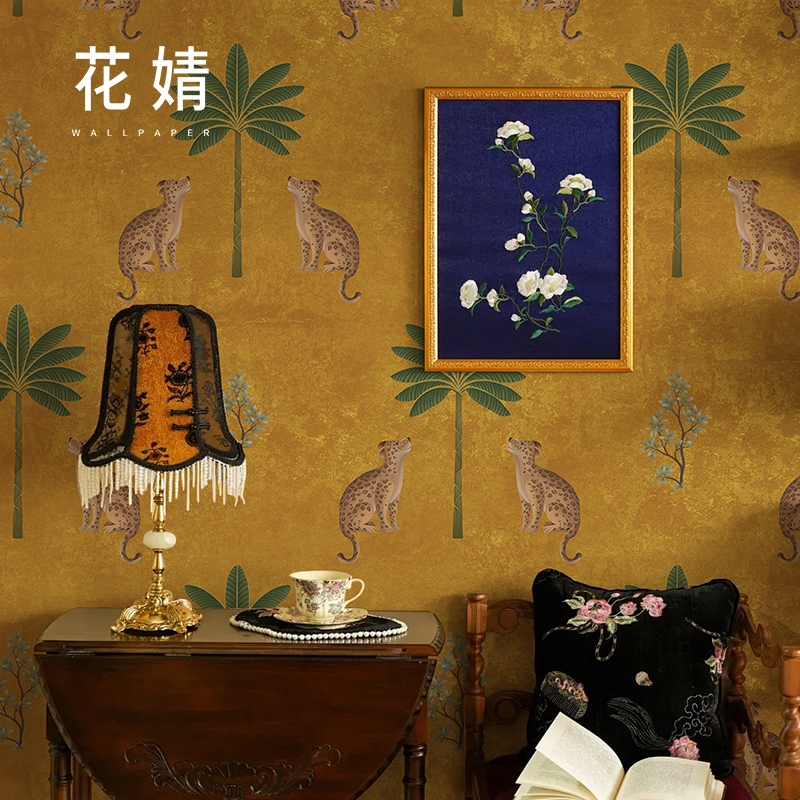 定制壁画法式豹子棕榈树客厅电视背景墙壁纸高级卧室床头装饰墙布图片