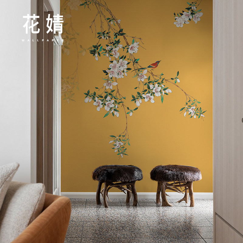 壁画定制古典玉兰花鸟电视背景墙纸新中式客厅卧室老人房壁纸墙布