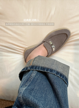 IDEAL STEP复古风反绒皮lp乐福鞋女春金属扣圆头百搭一脚蹬豆豆鞋