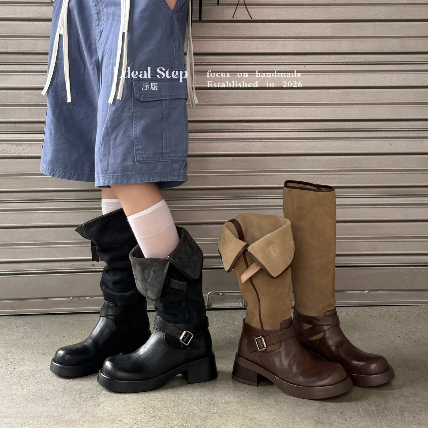 IDEAL STEP复古风圆头粗跟女冬季皮带扣机车靴中跟长靴显瘦骑士靴