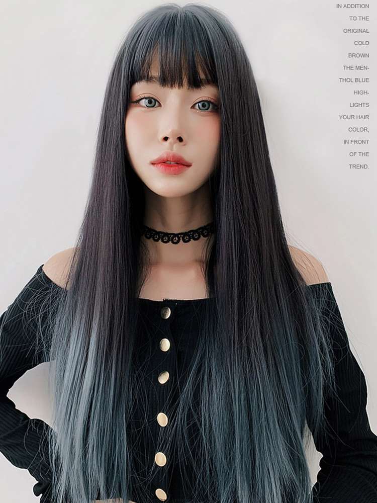 空气刘海假发女长发彩色挑染渐色自然全头套式化疗长直发网红时尚