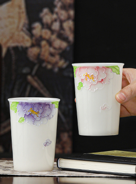 璞玉瓷手绘荷花茶杯主人杯单杯个人专用白色陶瓷可乐杯夏日泡茶杯