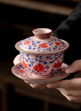 粉汝青花釉里红汝窑悬停旋转三才盖碗家用高档泡茶碗茶杯功夫茶具