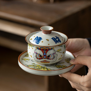 汝窑国潮醒狮布袋三才盖碗悬停旋转茶杯泡茶单个高档功夫陶瓷茶具
