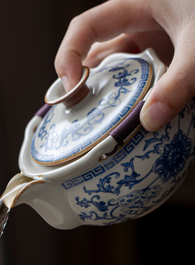 汝窑陶瓷手抓壶大号不烫手茶具高档大容量青花泡茶壶盖碗功夫茶具