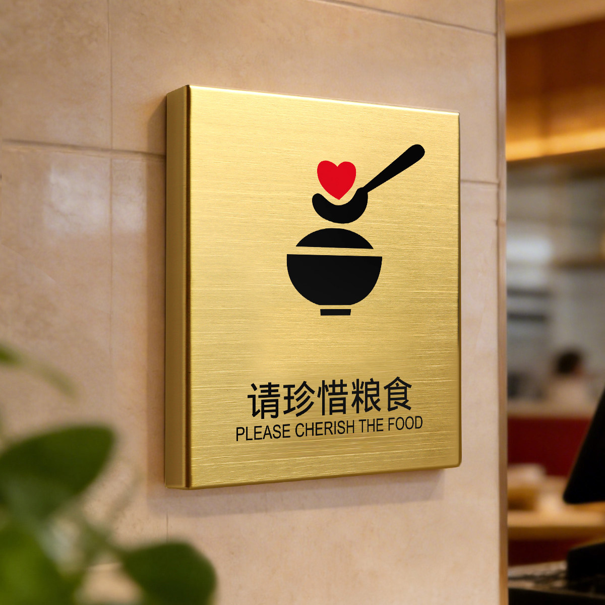 食堂节约请珍惜粮食标识餐厅饭馆快餐店自助餐厅取餐区餐桌旁餐具已消