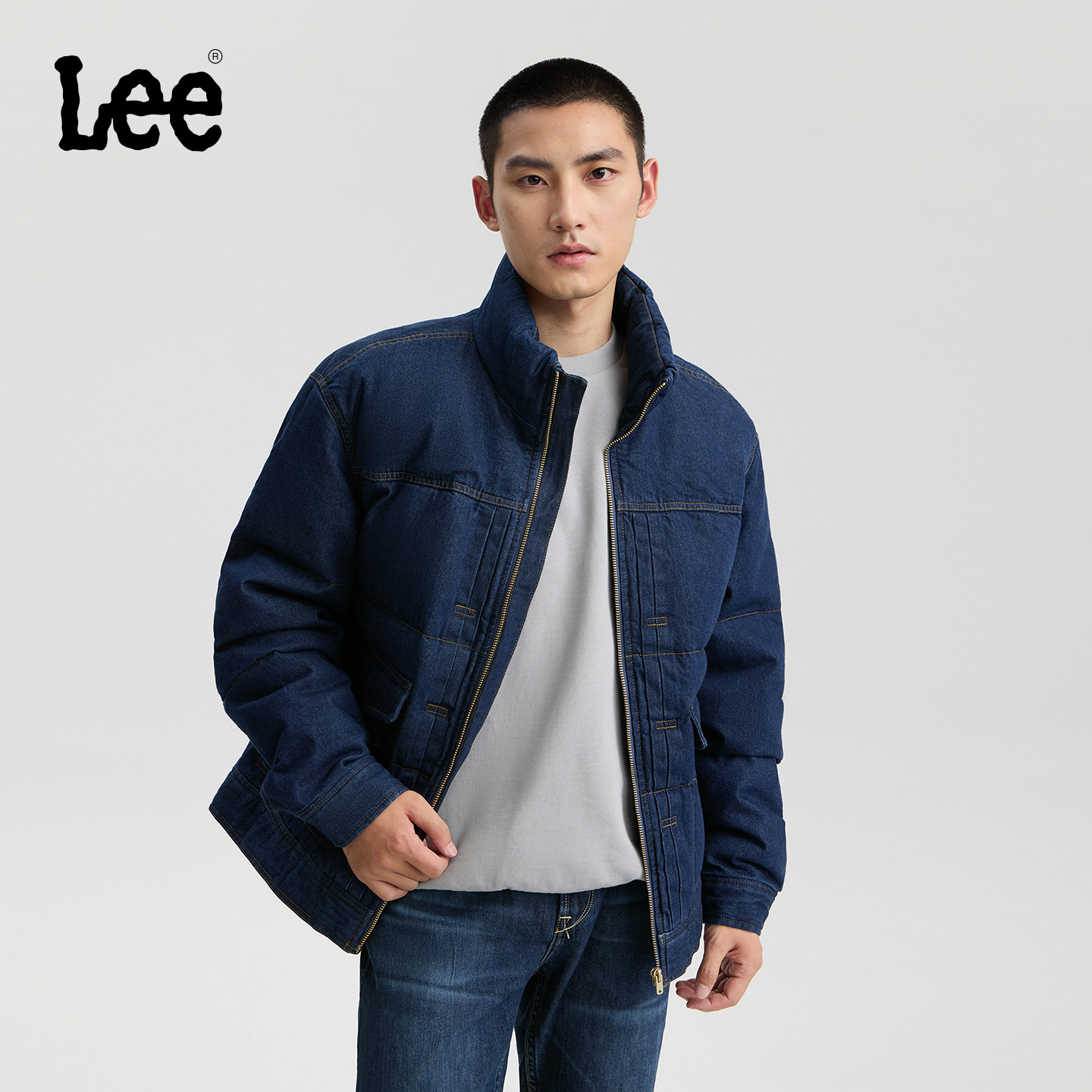 Lee商场同款25秋冬新品舒适版立领101+刺绣深蓝色男牛仔羽绒服潮