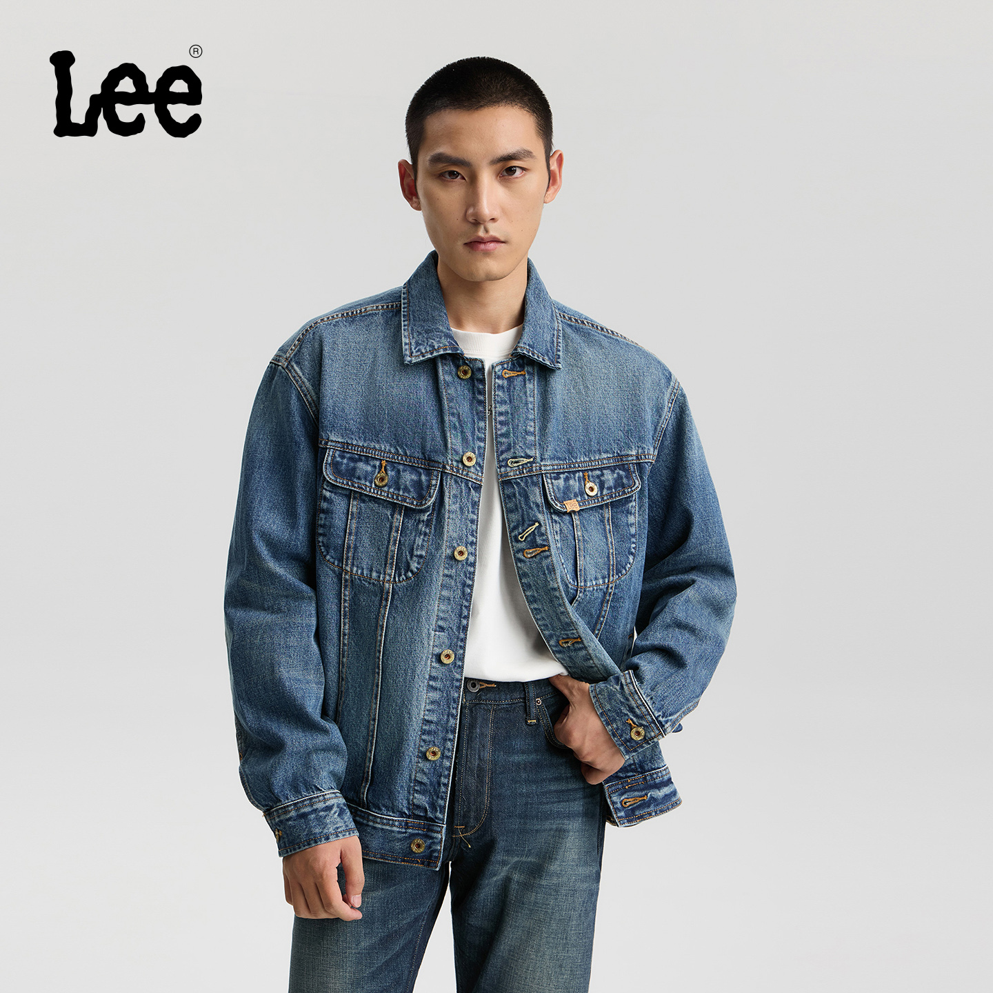 Lee商场同款25秋冬新品舒适版101+徽标中深蓝男骑士牛仔夹克外套