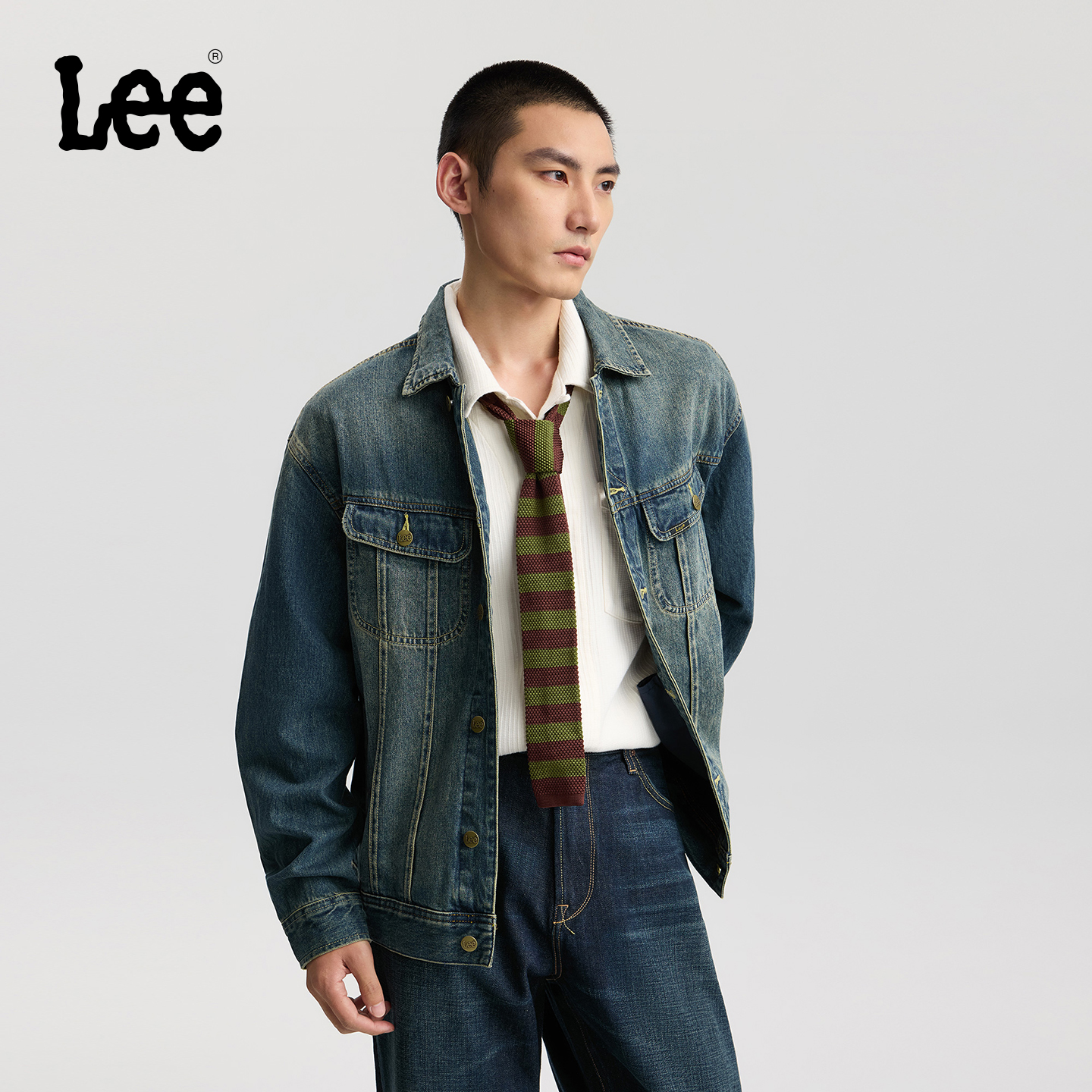 Lee商场同款25秋冬新品舒适版翻领复古深蓝色男骑士牛仔夹克外套