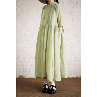 复述通透感清新牛油果绿色天丝苎麻混纺双排扣复古长款连衣裙