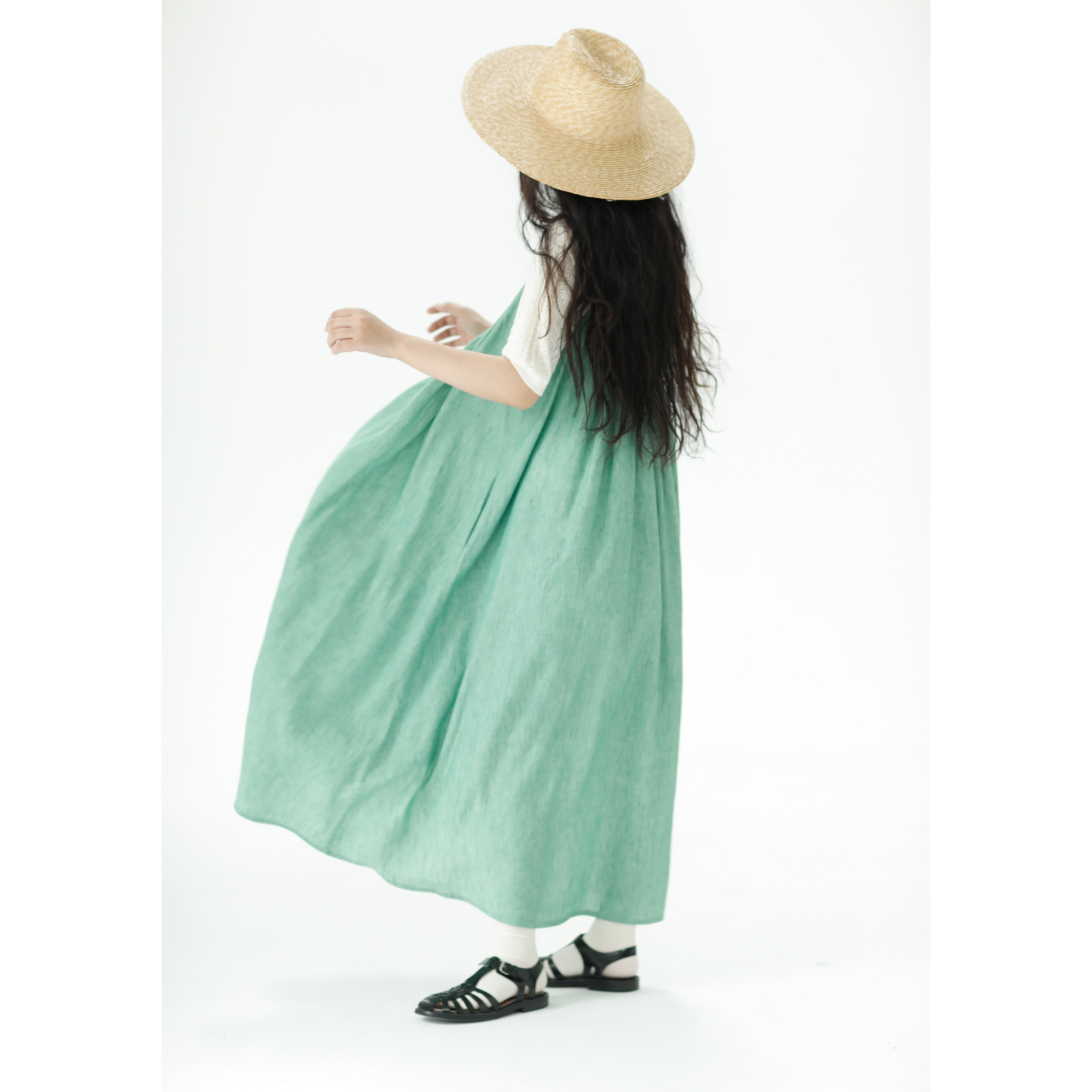 复述亚麻棉碧波绿色可调节吊带裙夏日海边度假慵懒风连衣裙长裙子