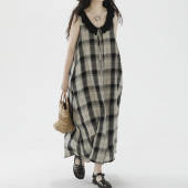 复述色织亚麻黑色格纹娃娃领无袖 连衣裙女夏日系文艺条纹背心裙子