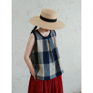 圆领无袖 色织亚麻大蓝格背心 清爽A字打褶上衣 沙爽质感 复述