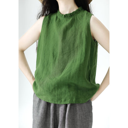 复述纯亚麻绿沈色小背心女2024夏季新款小众设计木耳领无袖上衣