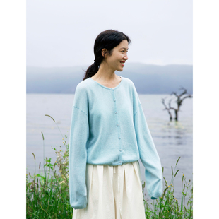 毛衣 48针中薄款 复述绵软感淡蓝色全羊毛针织小开衫 圆领宽松版