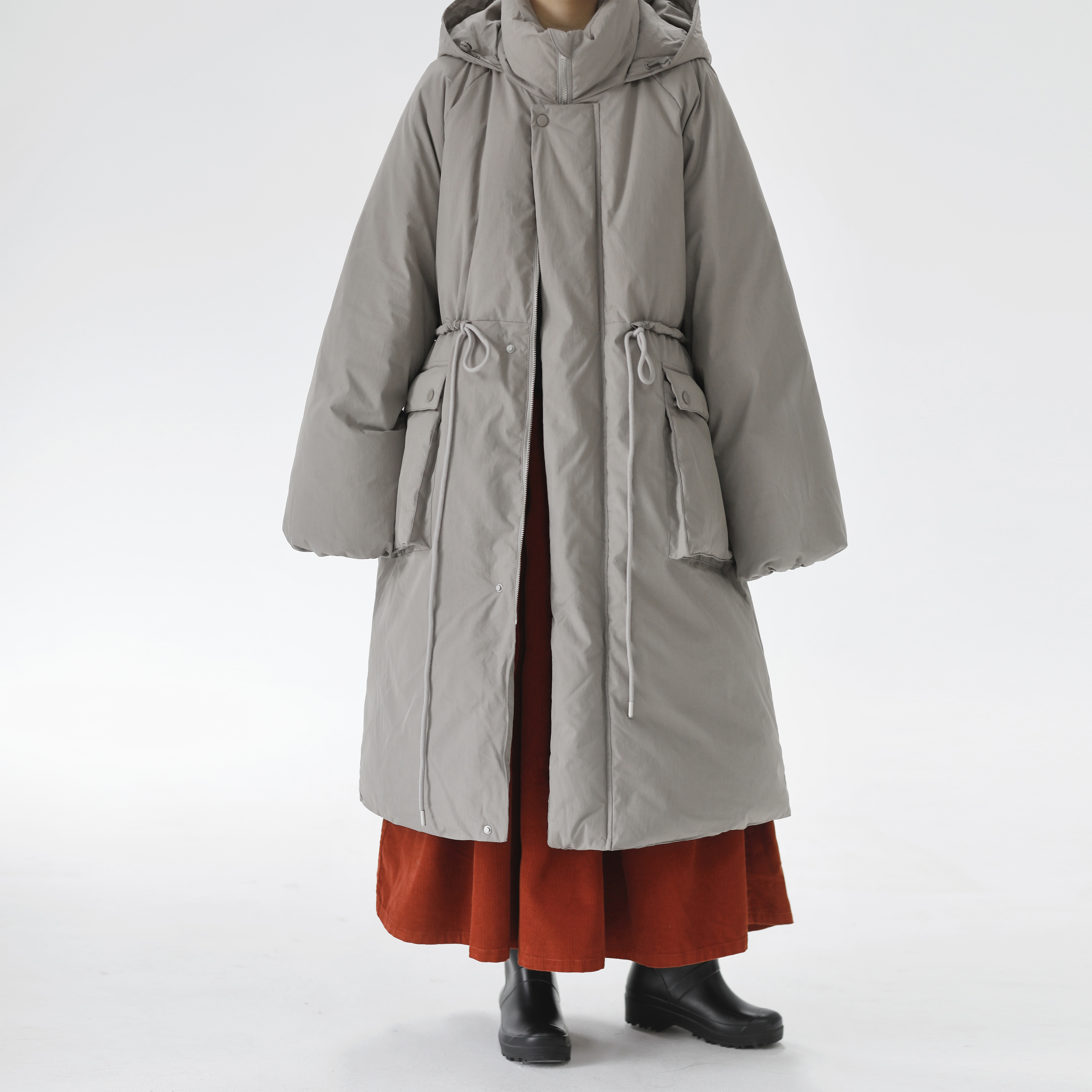 复述 大长款腰间抽绳大贴袋休闲通勤风CHAO厚白鸭绒灰色羽绒服