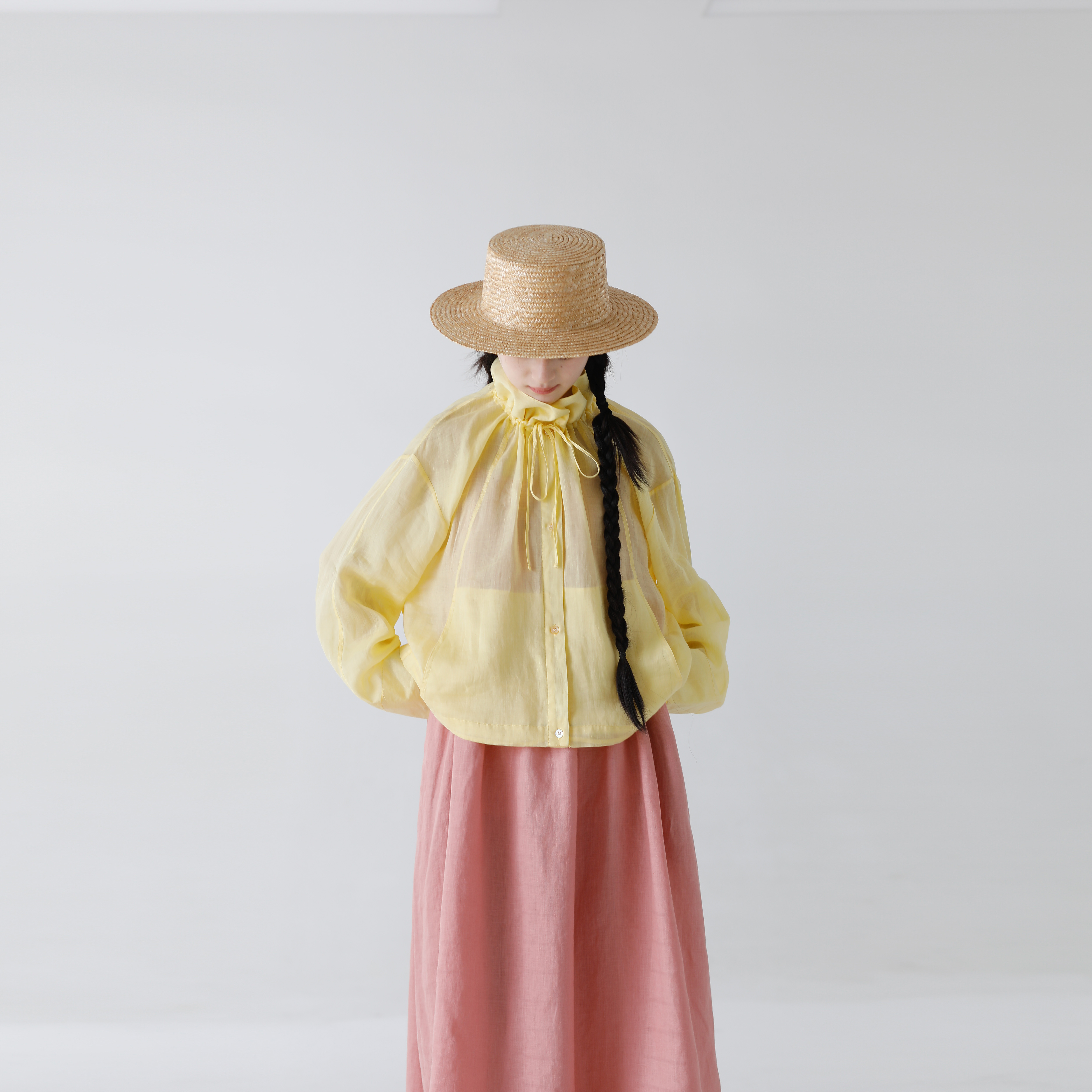 复述GAO支苎麻 抽绳高领奶黄色长袖薄纱防晒外套衬衫空调衫