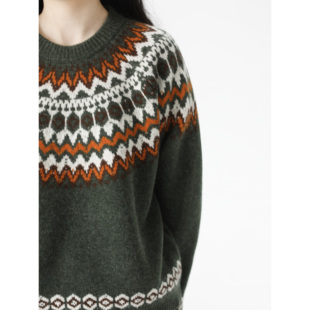 复述绵羊毛文艺风插肩长袖松柏绿环形摩天轮纹费尔岛宽松型毛衣