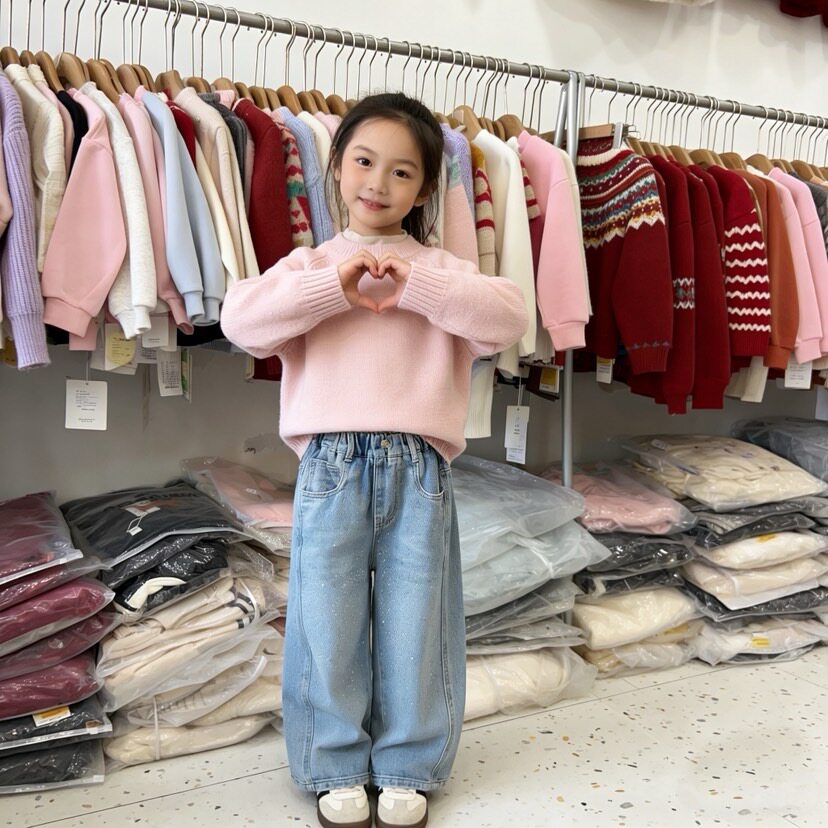 烫钻牛仔裤女童春装面料柔软浅色休闲裤女孩微阔腿裤儿童直筒裤子