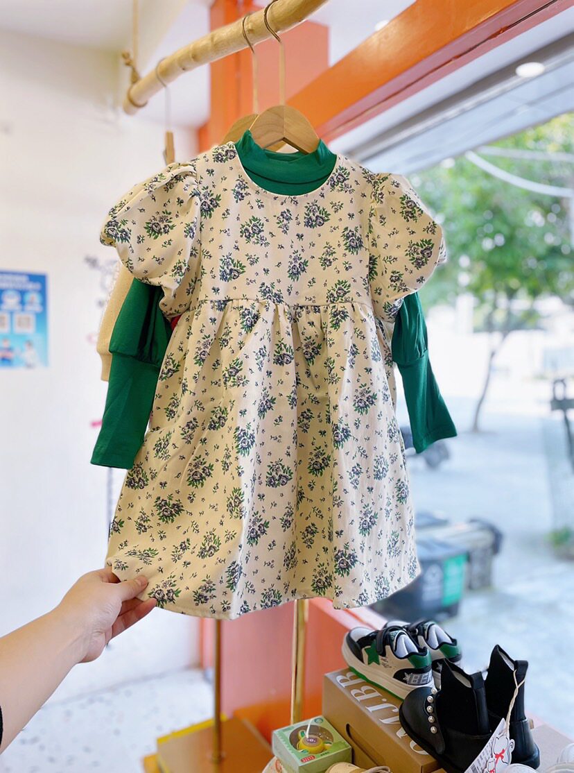 女童套装裙春秋款绿色泡泡袖上衣