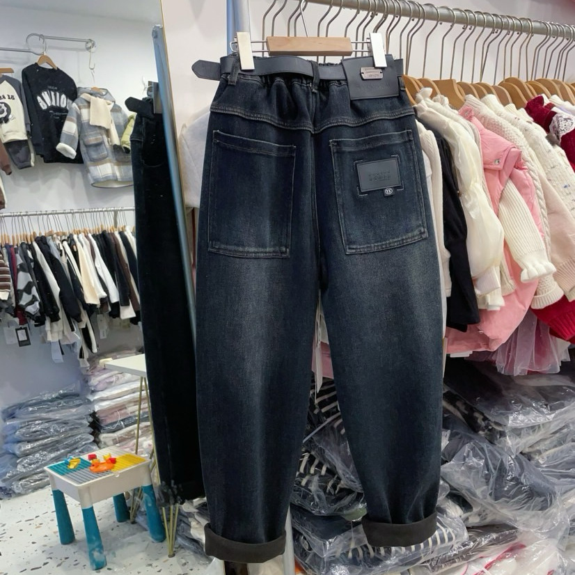 男大童加绒牛仔裤冬季青少年一体绒裤子时髦加厚百搭男孩直筒裤潮