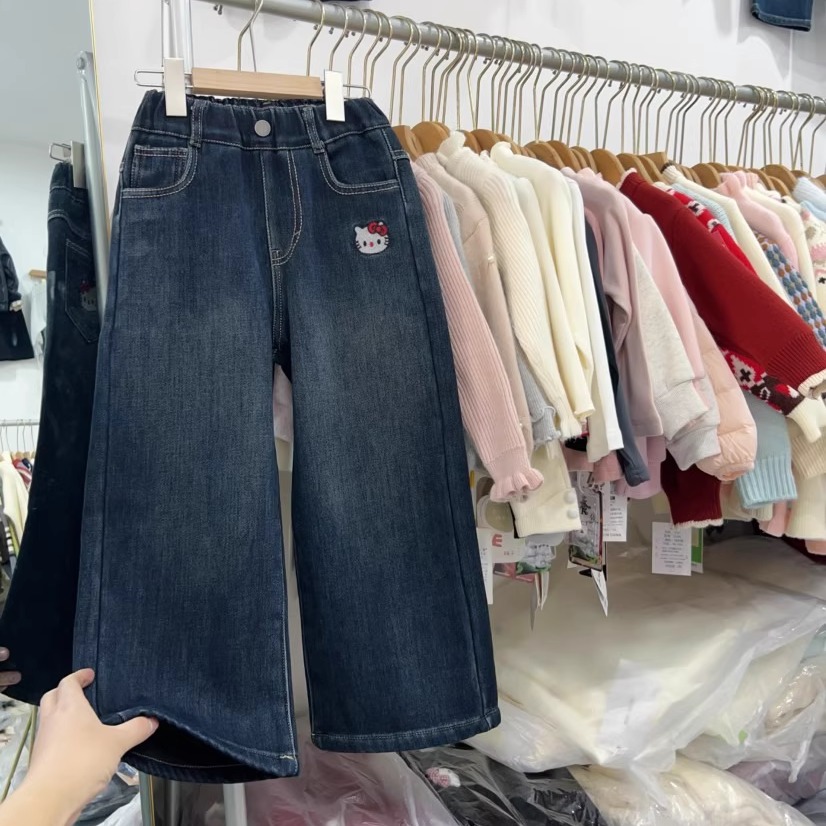 女童加绒牛仔裤冬季一体绒阔腿裤
