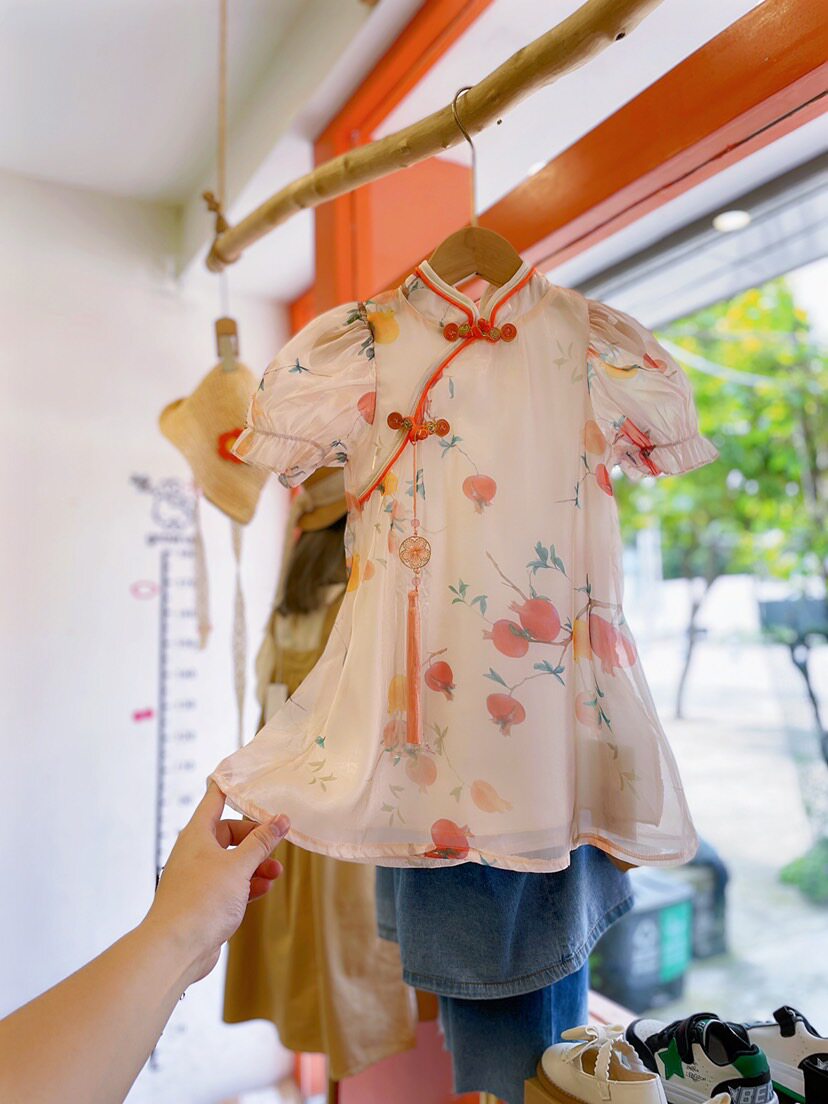 女童连衣裙夏季中国风天丝石榴中式旗袍裙女宝宝汉服夏装裙子女孩