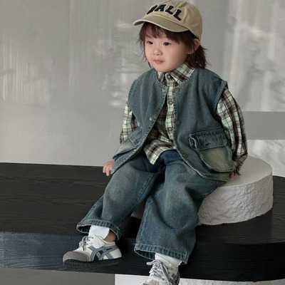 男童套装春秋款马甲衬衫牛仔裤子