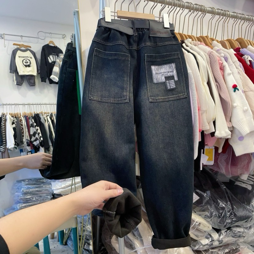 男大童加绒牛仔裤冬季青少年一体绒裤子时髦加厚百搭男孩直筒裤潮
