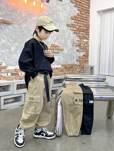 男童休闲裤春秋装设计感口袋男孩工装裤薄款黑色束脚萝卜裤子儿童