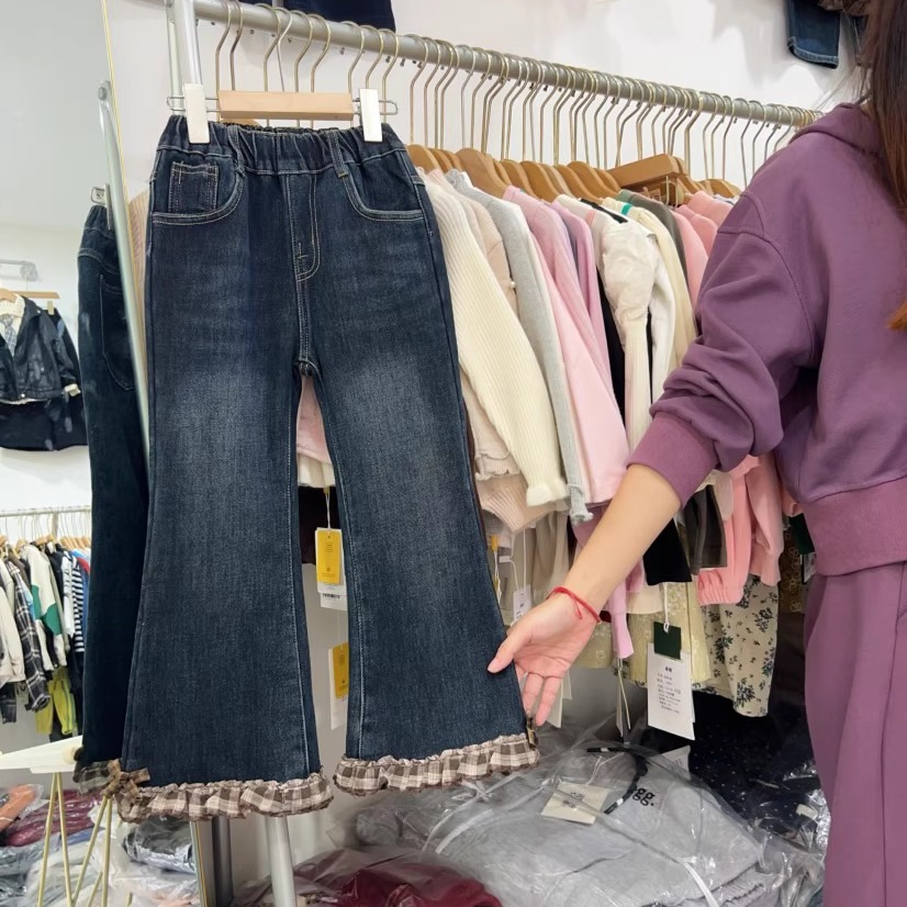 女童牛仔喇叭裤冬季一体绒裤子潮